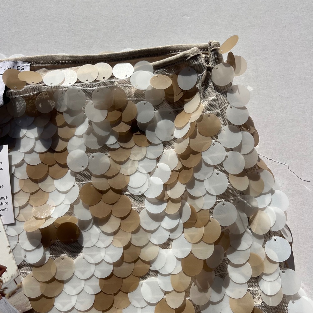 Sincerely Jules Womens L Cream Tan Sequin Paillette Side Zip Mini Skirt NEW Boho - Picture 7 of 15
